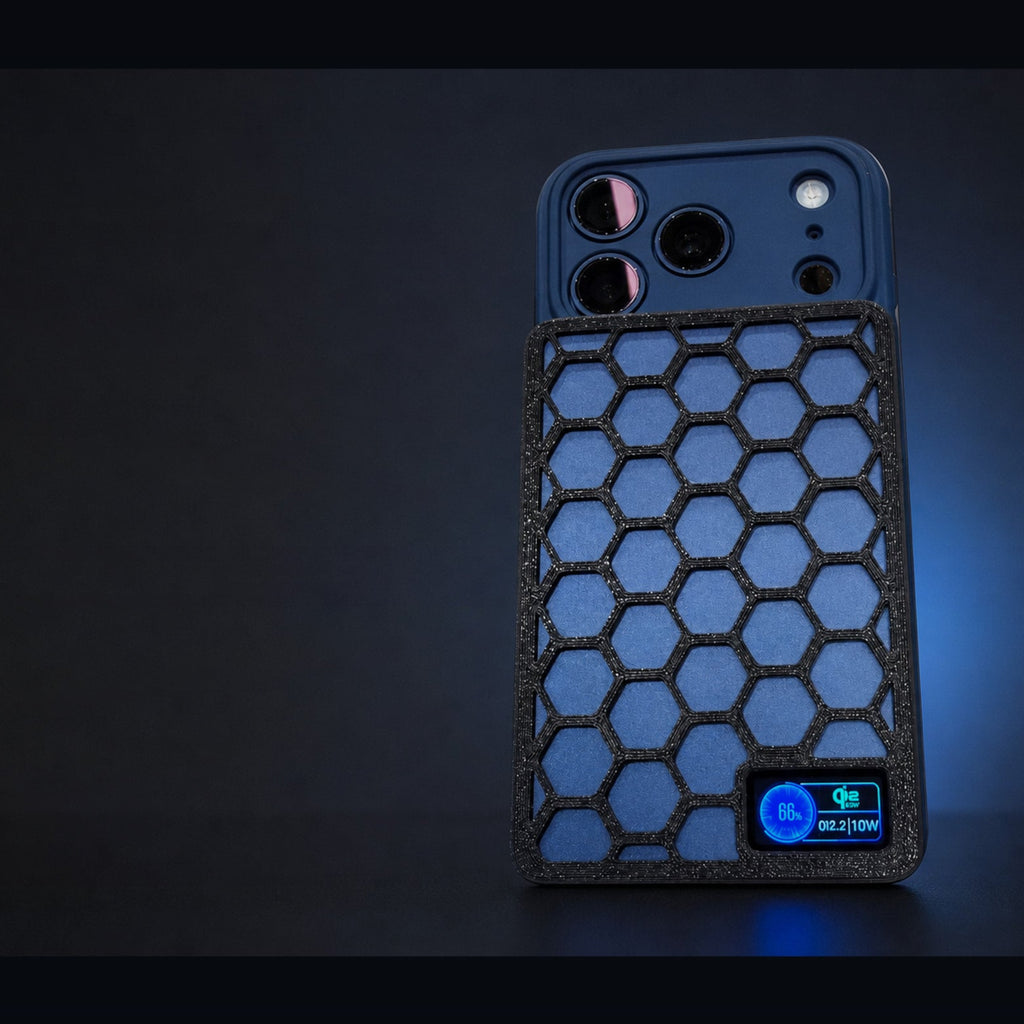 A dark blue protective phone case with a black honeycomb-patterned front panel and a built-in blue power bank connector, shown on a dark background with blue lighting. Text at the top reads 'VELOLAYERS M17 VORON GUARD'.